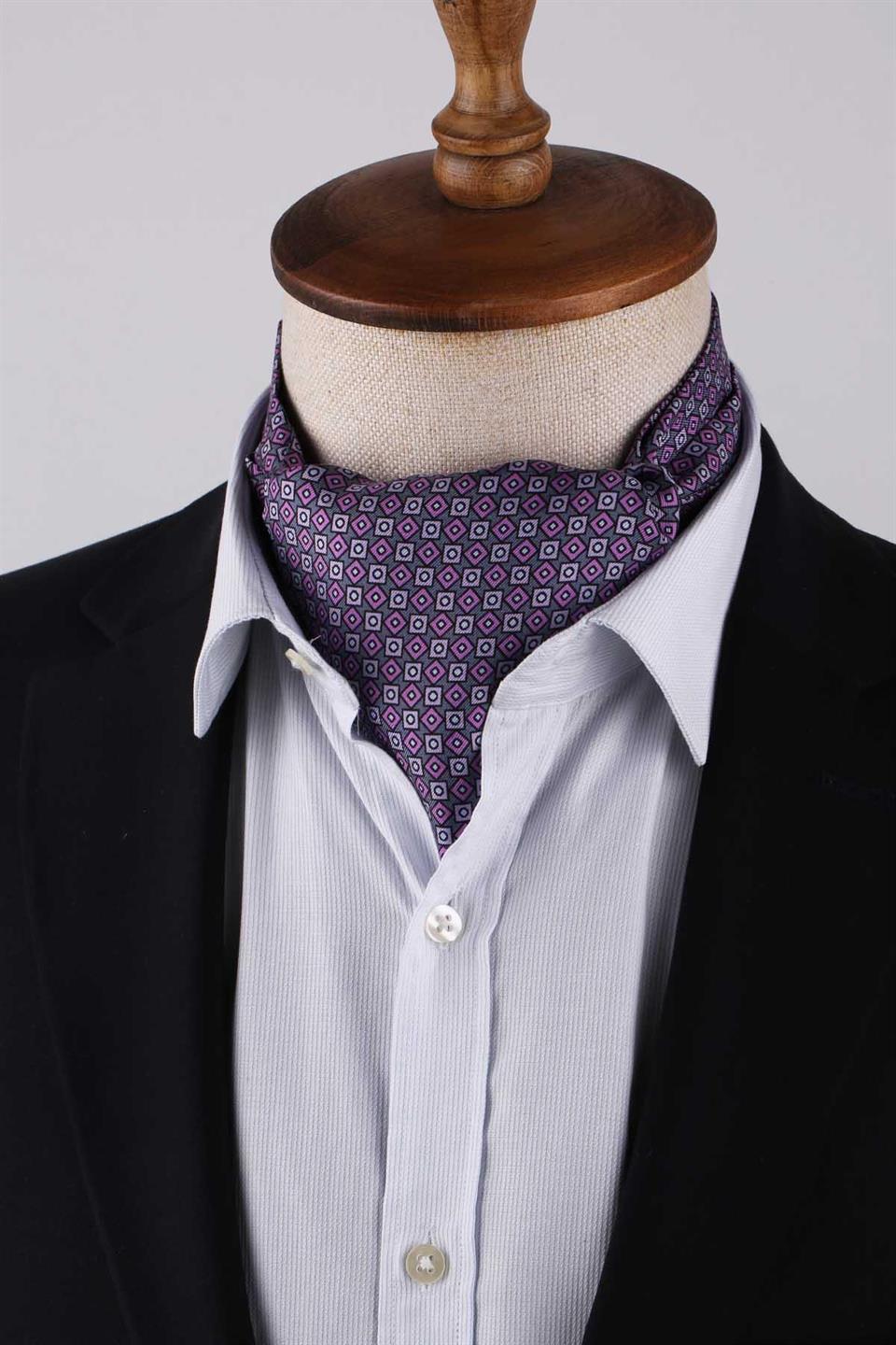 Geometrik Desen Lila İtalyan İpek Ascot Kravat SAC58