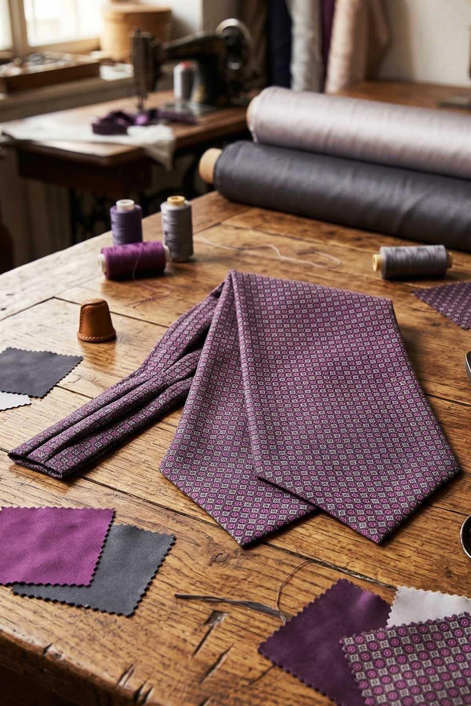 Geometrik Desen Lila İtalyan İpek Ascot Kravat SAC58