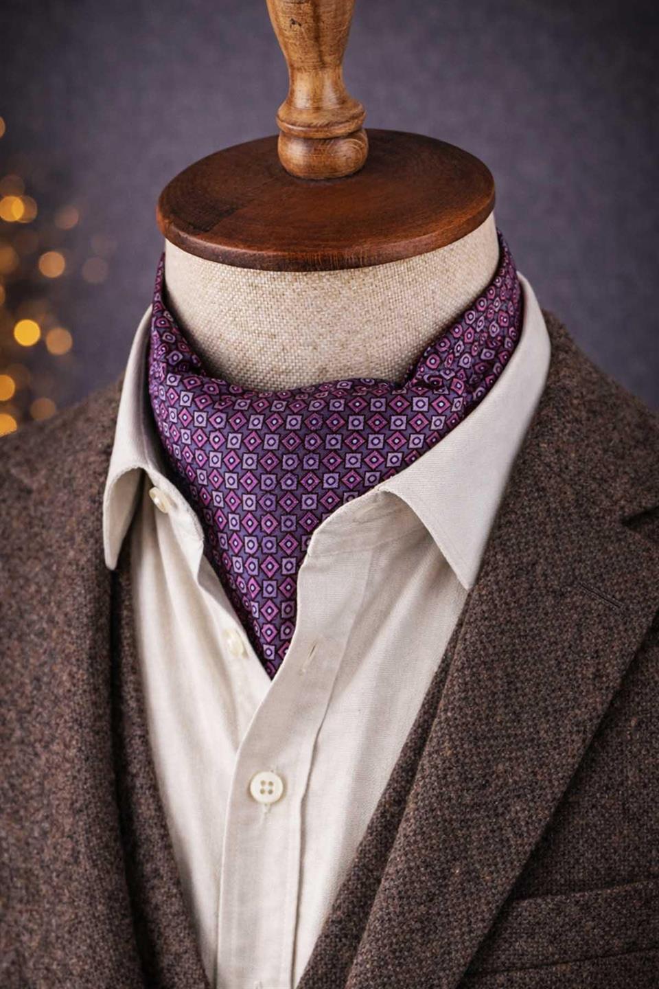 Geometrik Desen Lila İtalyan İpek Ascot Kravat SAC58