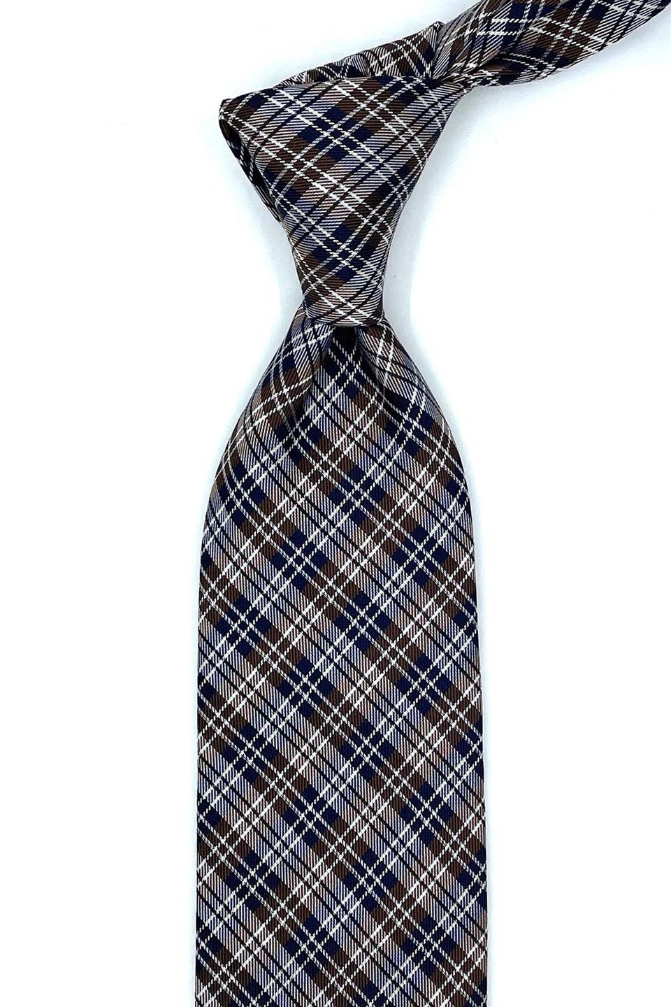 Glampao Style Kahverengi Ekose Desen İtalyan İpek Kravat İK1246