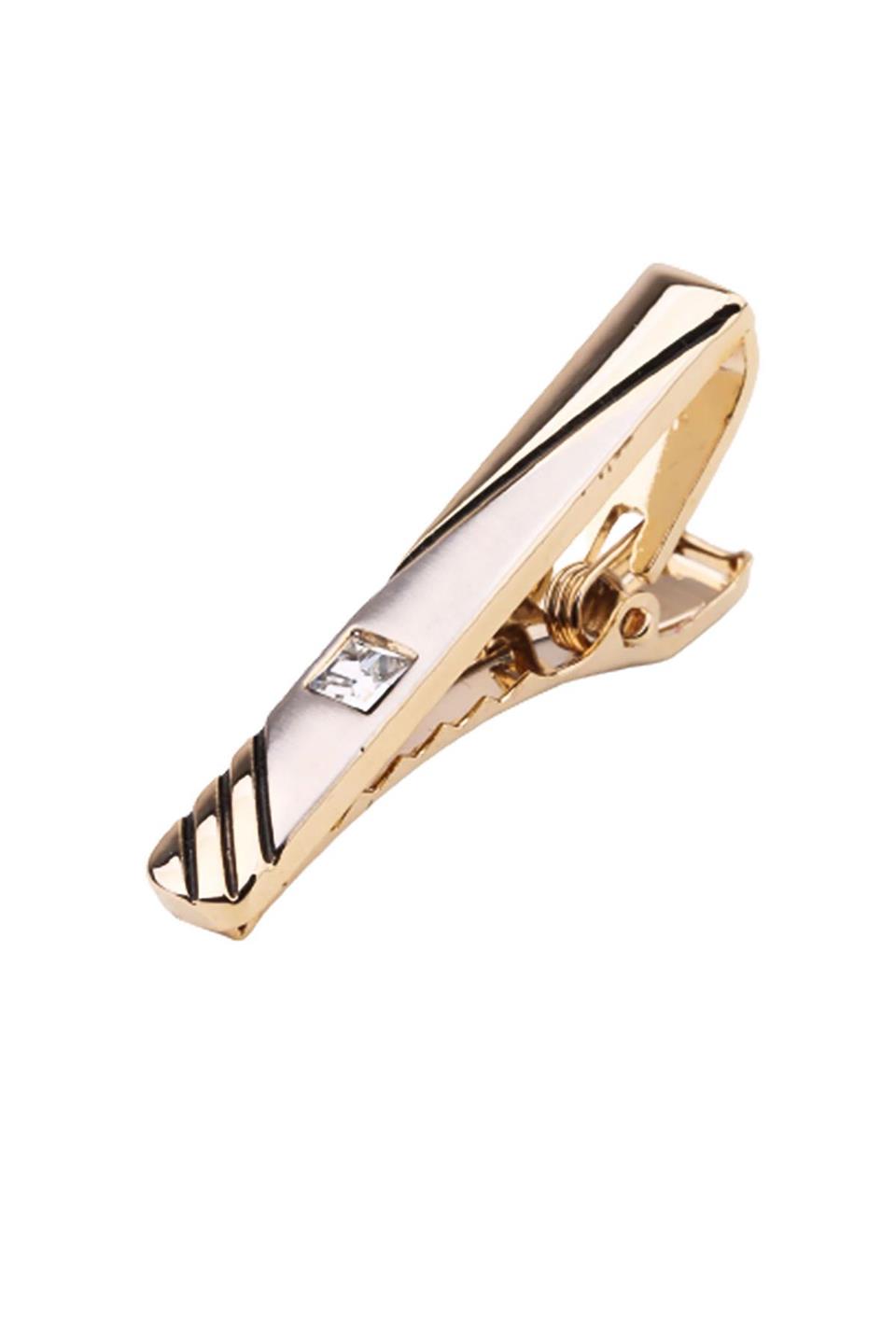 Gold Renk Çizgi Desen Beyaz Taşlı Kravat İğnesi KIY563