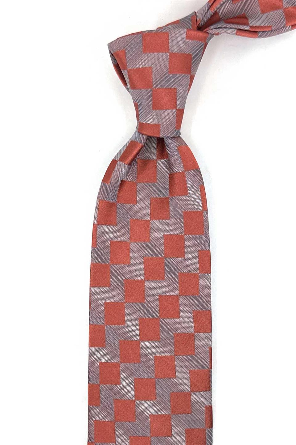 Kensington Style Bakır Kare Desen İtalyan İpek Kravat İK1961