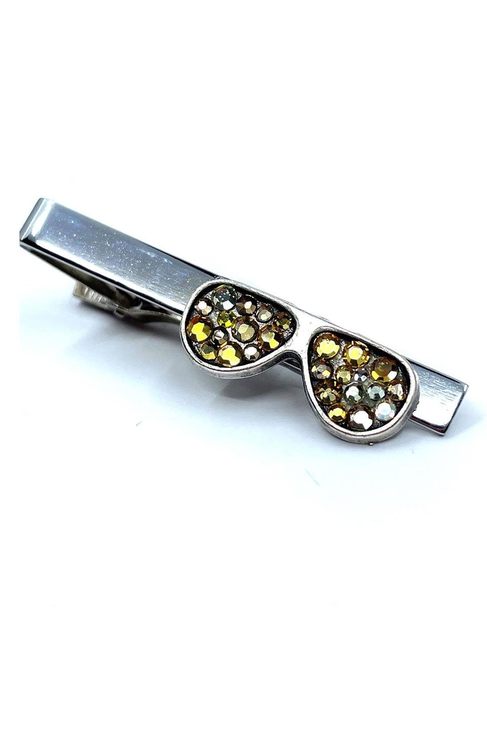 Gözlük Motif Sarı Taşlı Gümüş Kravat İğnesi KIY700