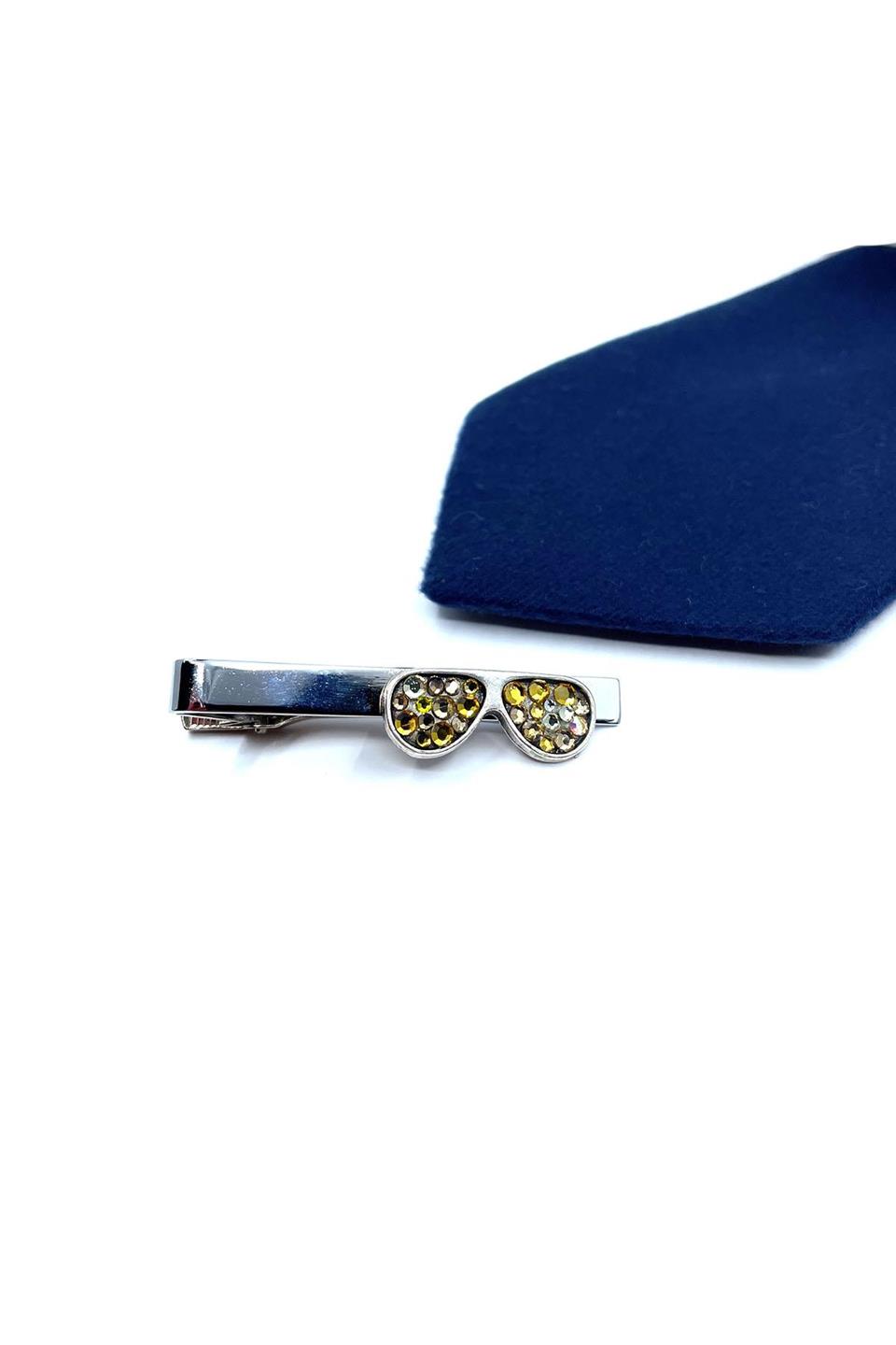 Gözlük Motif Sarı Taşlı Gümüş Kravat İğnesi KIY700