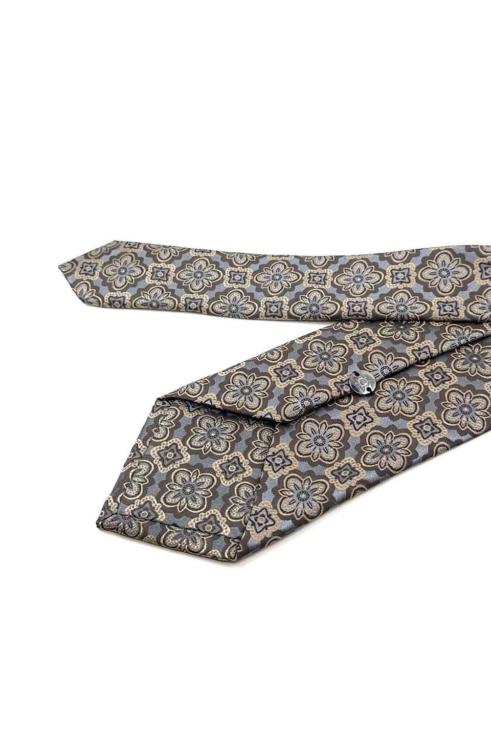 Gri - Bej Motif Desen Mendilli Klasik Kravat KK12377