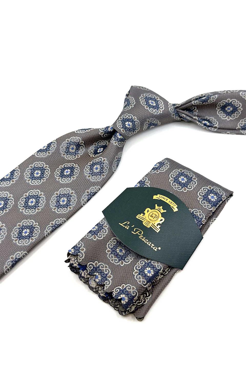 Gri - Bej Motif Desen Mendilli Klasik Kravat KK12248