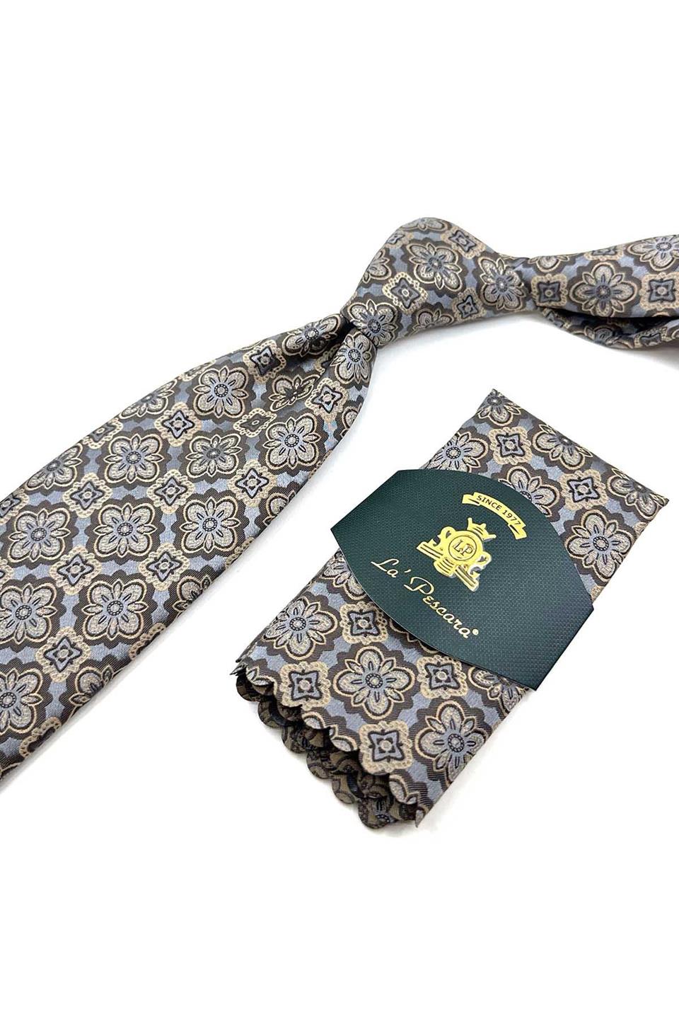 Gri - Bej Motif Desen Mendilli Klasik Kravat KK12377