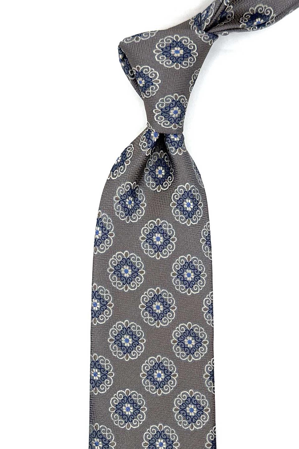 Gri - Bej Motif Desen Mendilli Klasik Kravat KK12248