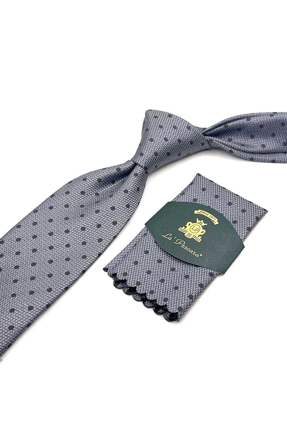 Gri - Bej Puantiye Desen Mendilli Klasik Kravat KK12998