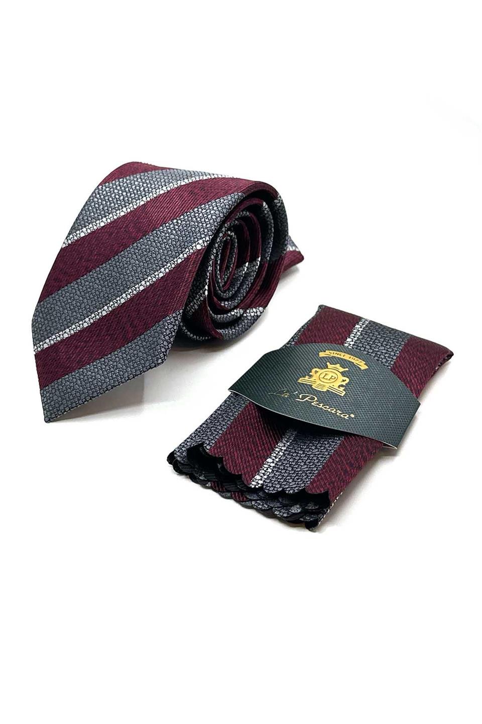 Gri - Bordo Çizgi Desen Mendilli Klasik Kravat KK13108