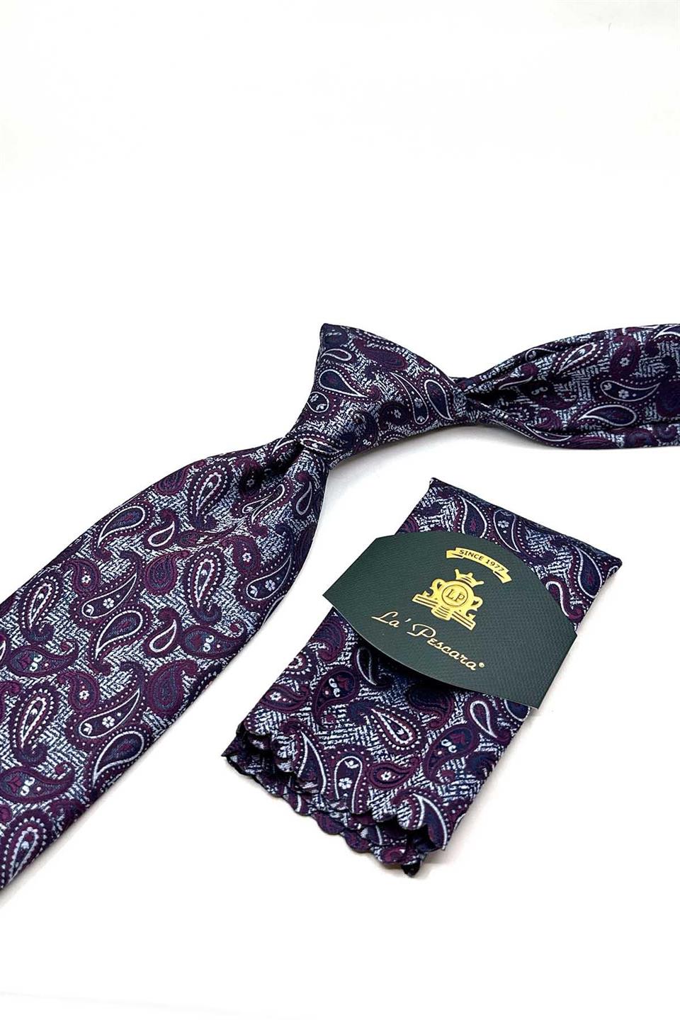 Gri - Bordo Şal Desen Mendilli Klasik Kravat KK12871