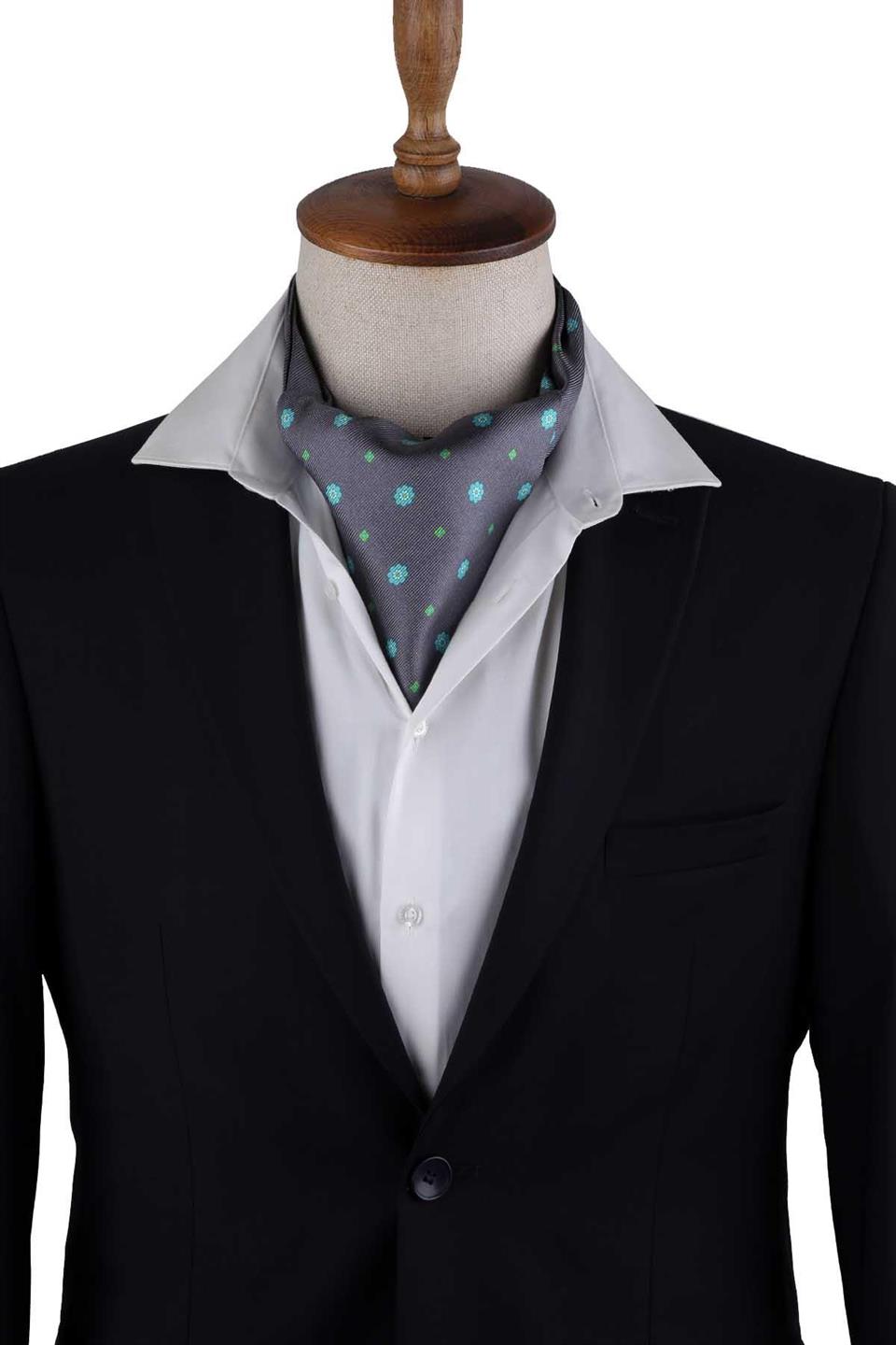 Gri Çiçek Desen İtalyan İpek Ascot Fular K654