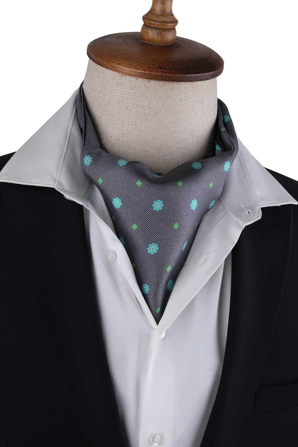 Gri Çiçek Desen İtalyan İpek Ascot Fular K654