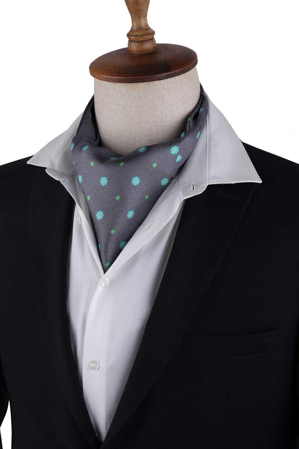 Gri Çiçek Desen İtalyan İpek Ascot Fular K654