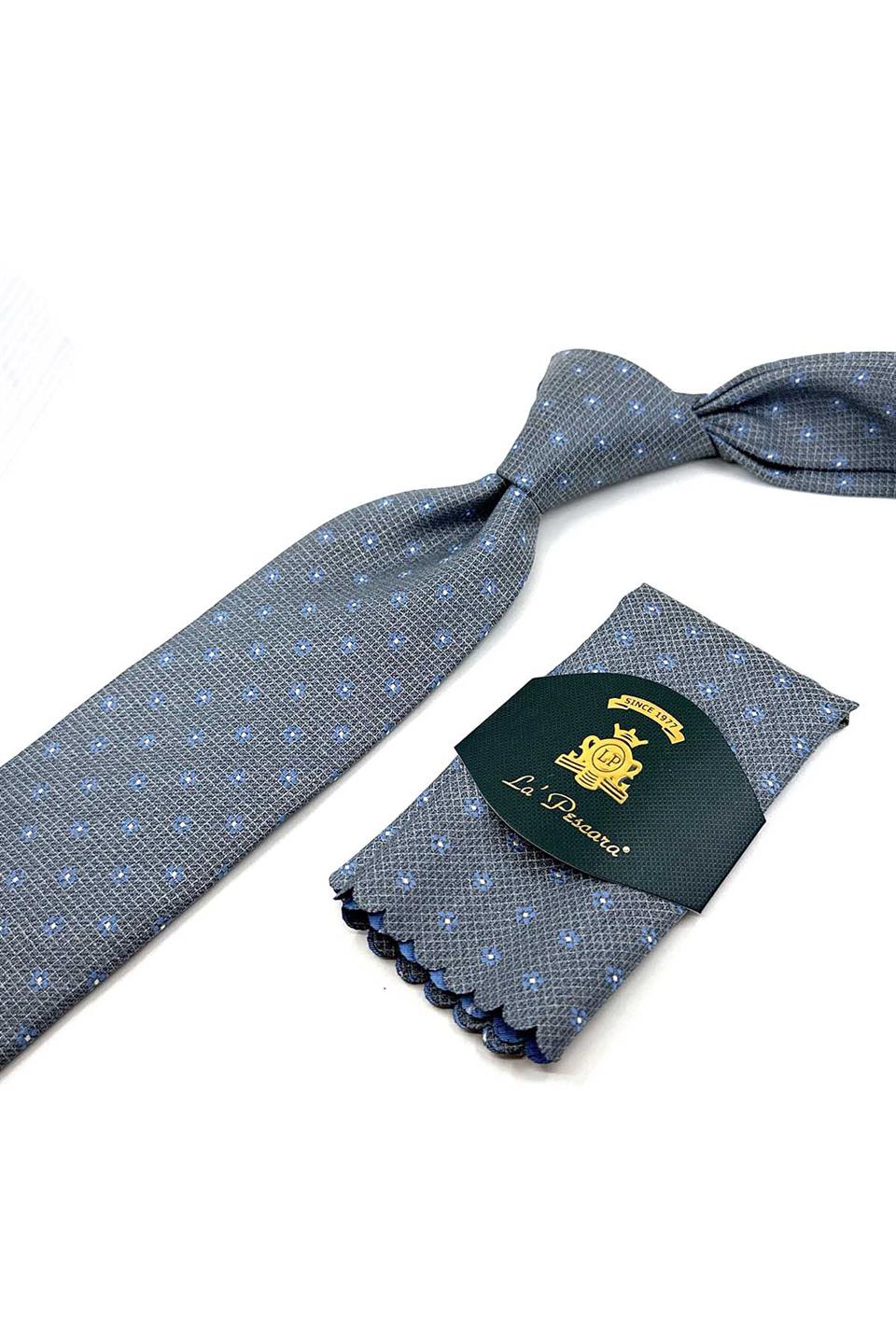 Gri Çiçek Desen Mendilli Klasik Kravat KK12259