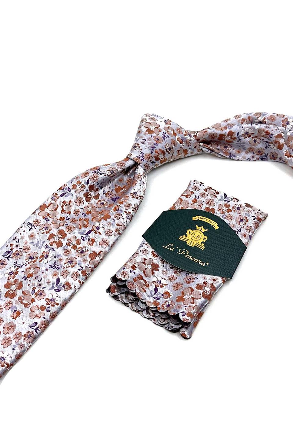 Gri Çiçek Desen Mendilli Klasik Kravat KK13134