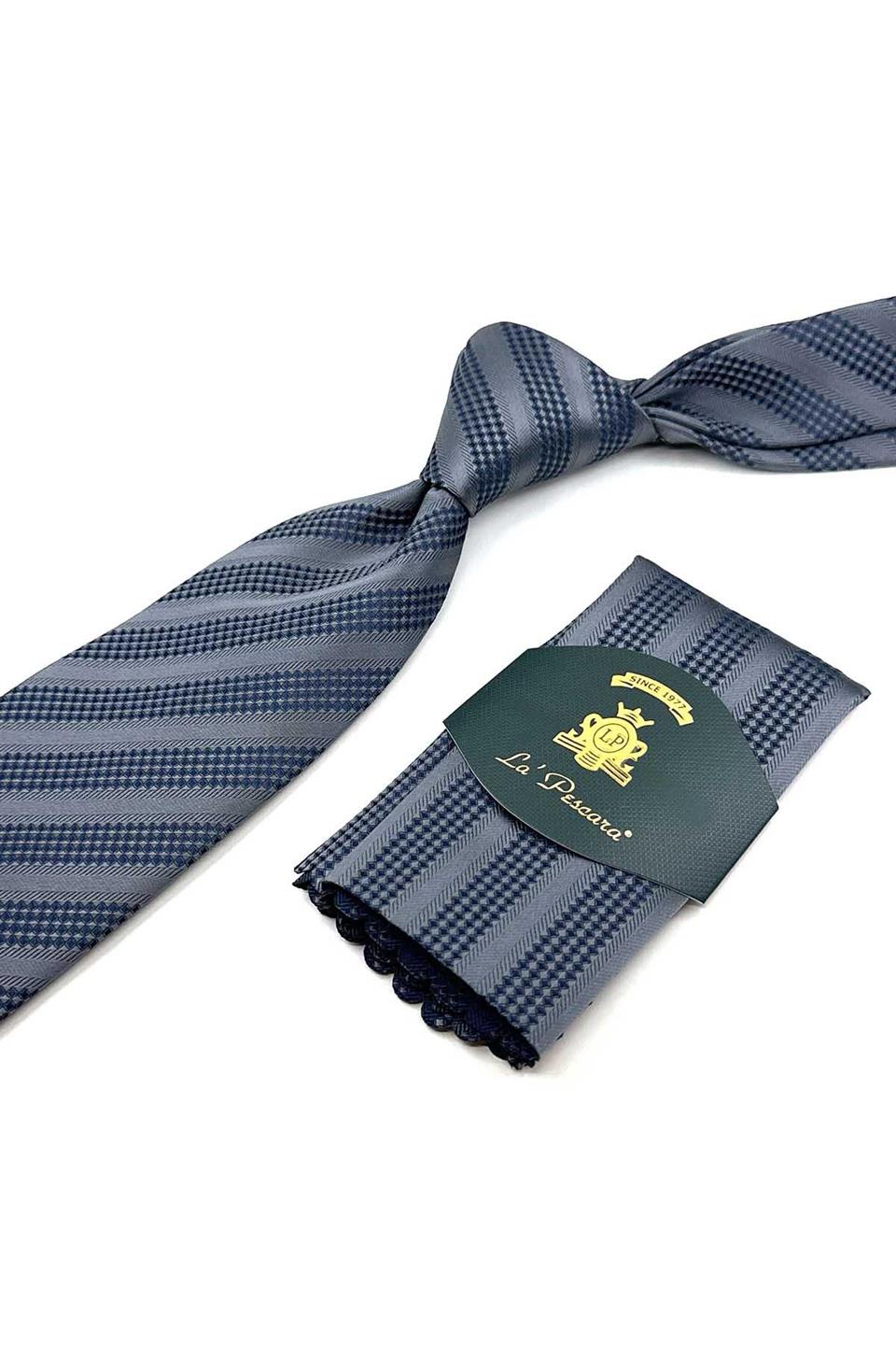 Gri Çizgi Desen Mendilli Klasik Kravat KK12312