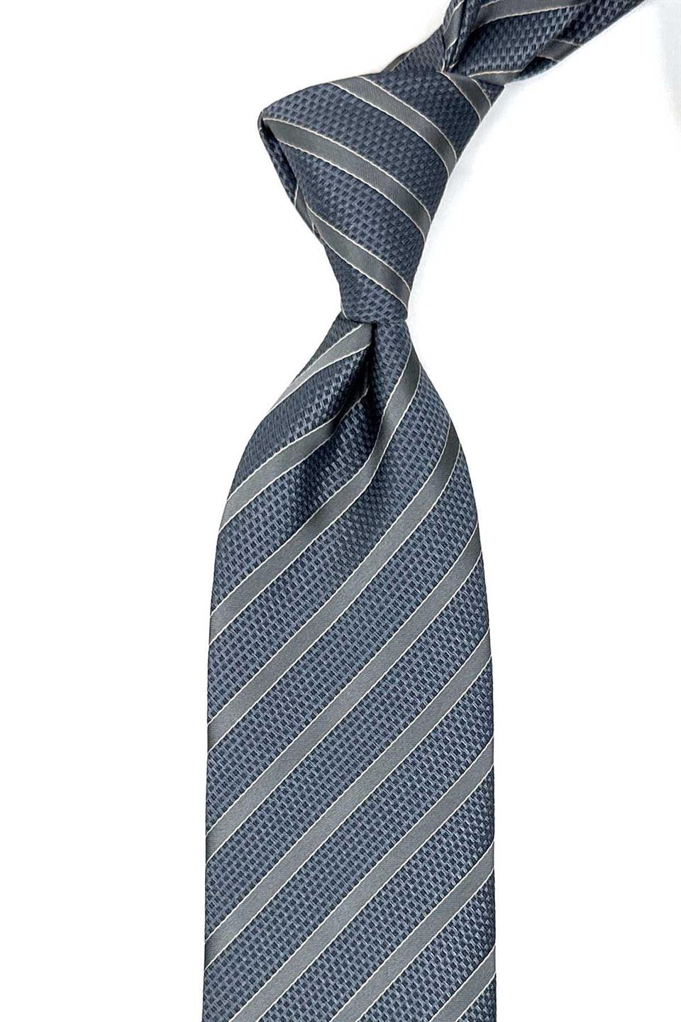 Gri Çizgi Desen Mendilli Klasik Kravat KK12647