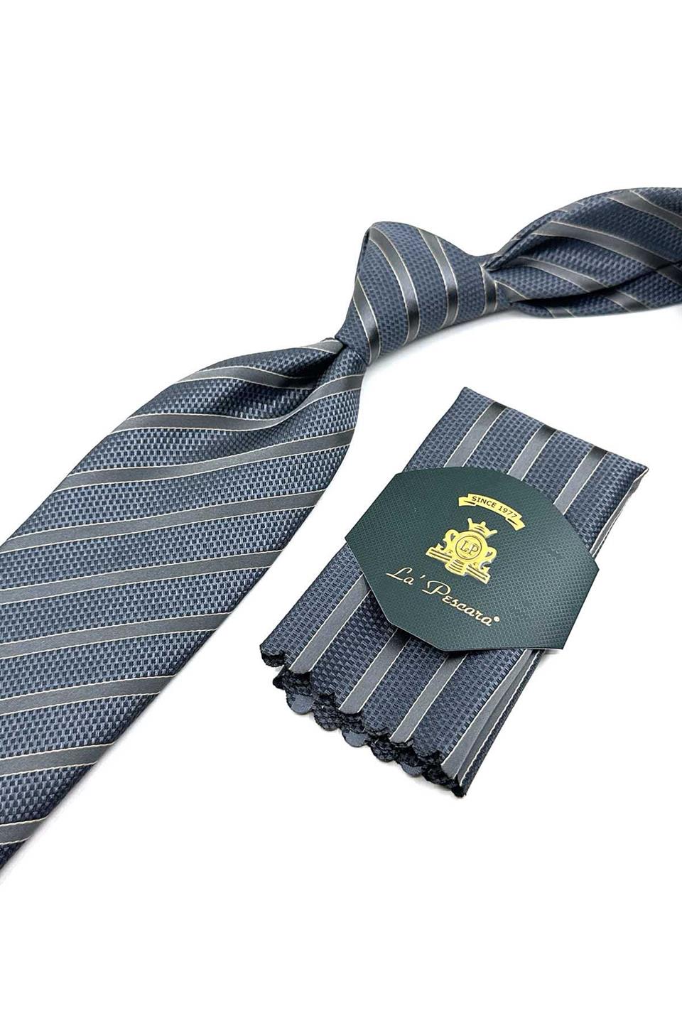Gri Çizgi Desen Mendilli Klasik Kravat KK12647