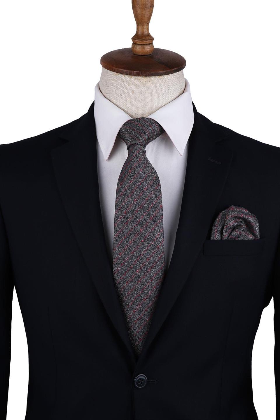 Gri Çizgi Desen Mendilli Klasik Kravat KK10343