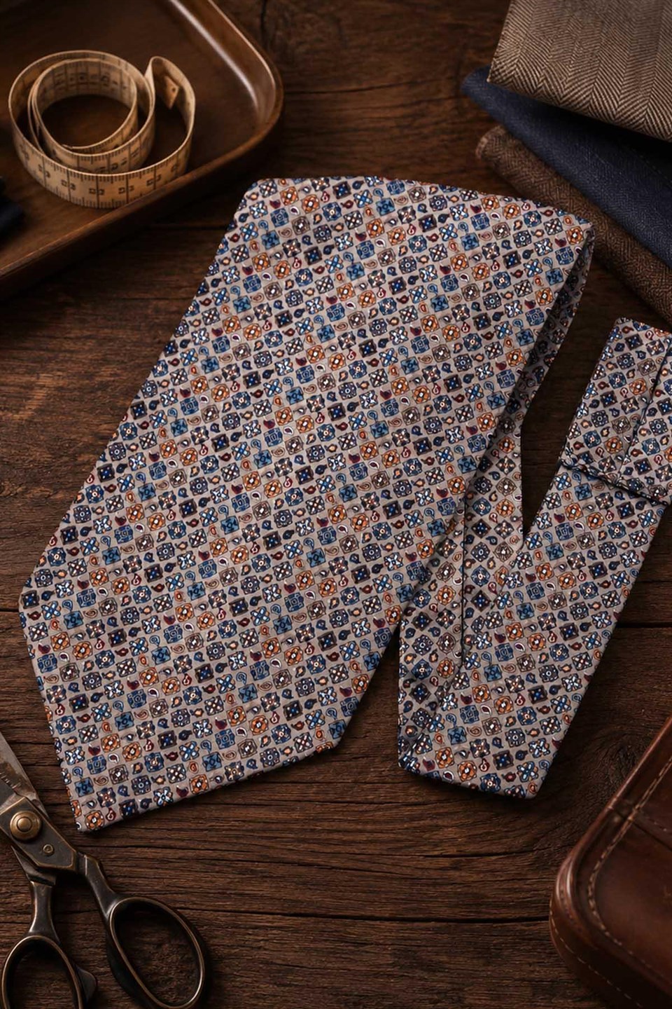 Gri Çok Renkli Motif Desen Ascot Kravat K688