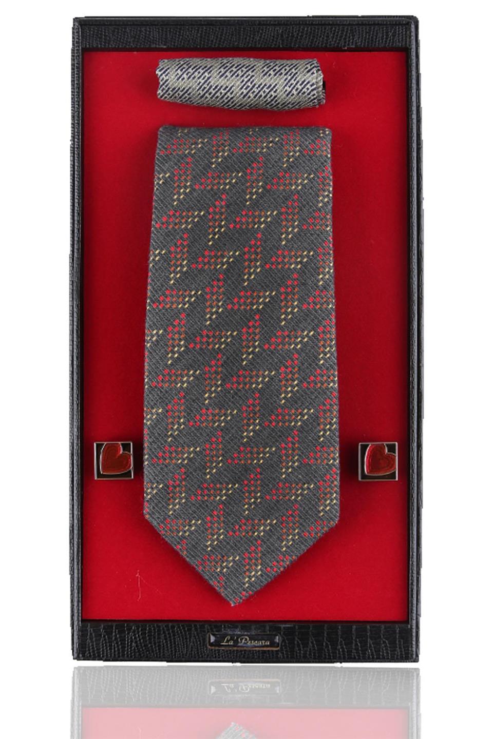 Gri İtalyan İpek Kravat Mendil Kol Düğmesi Sevgililer Günü Hediyesi SKS56