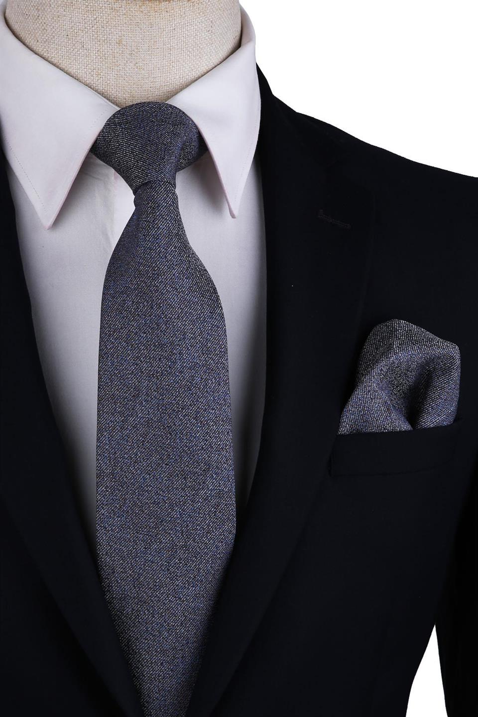 Gri - Kahverengi Kum Desen Mendilli Klasik Kravat KK10511