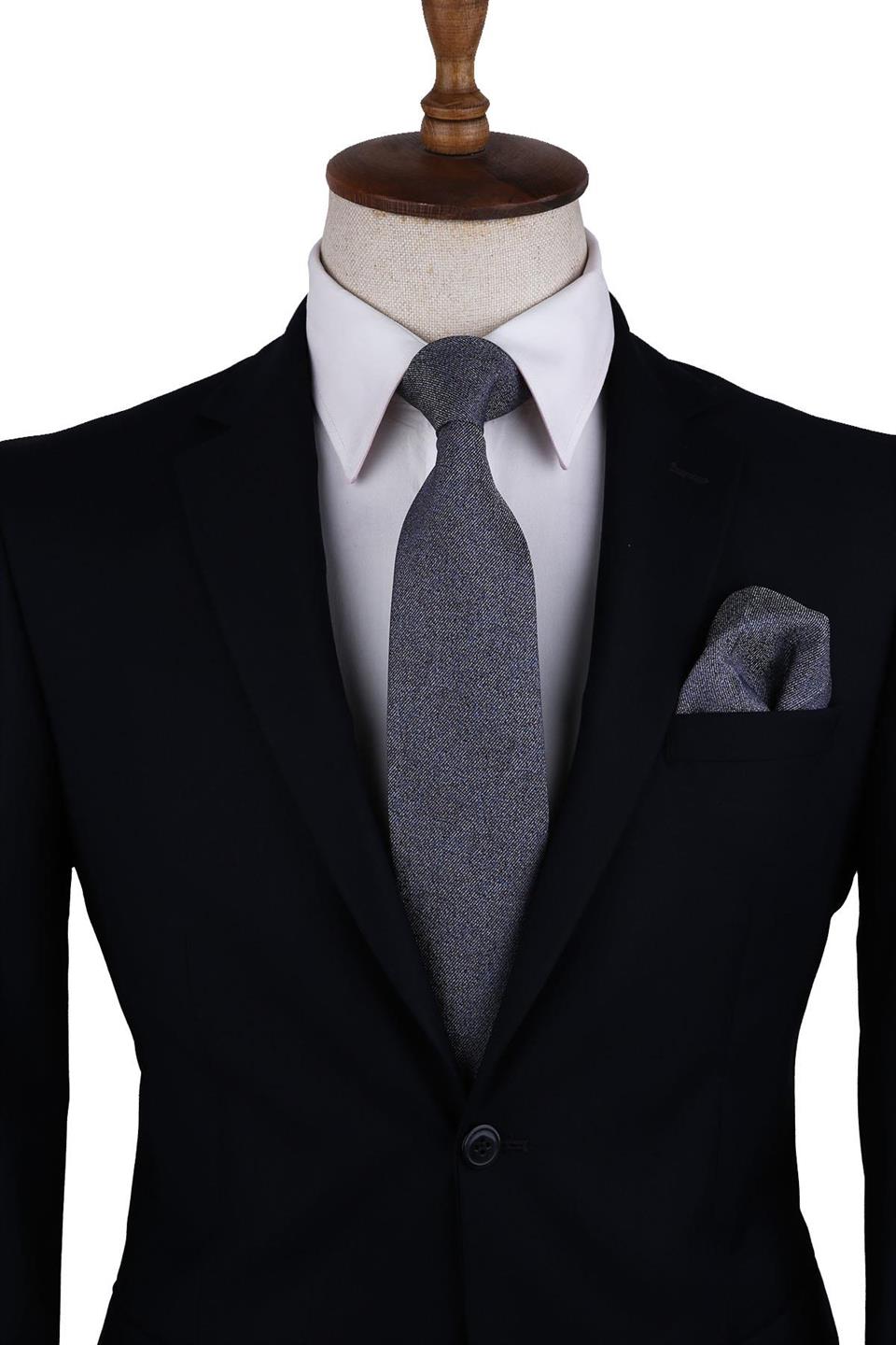 Gri - Kahverengi Kum Desen Mendilli Klasik Kravat KK10511