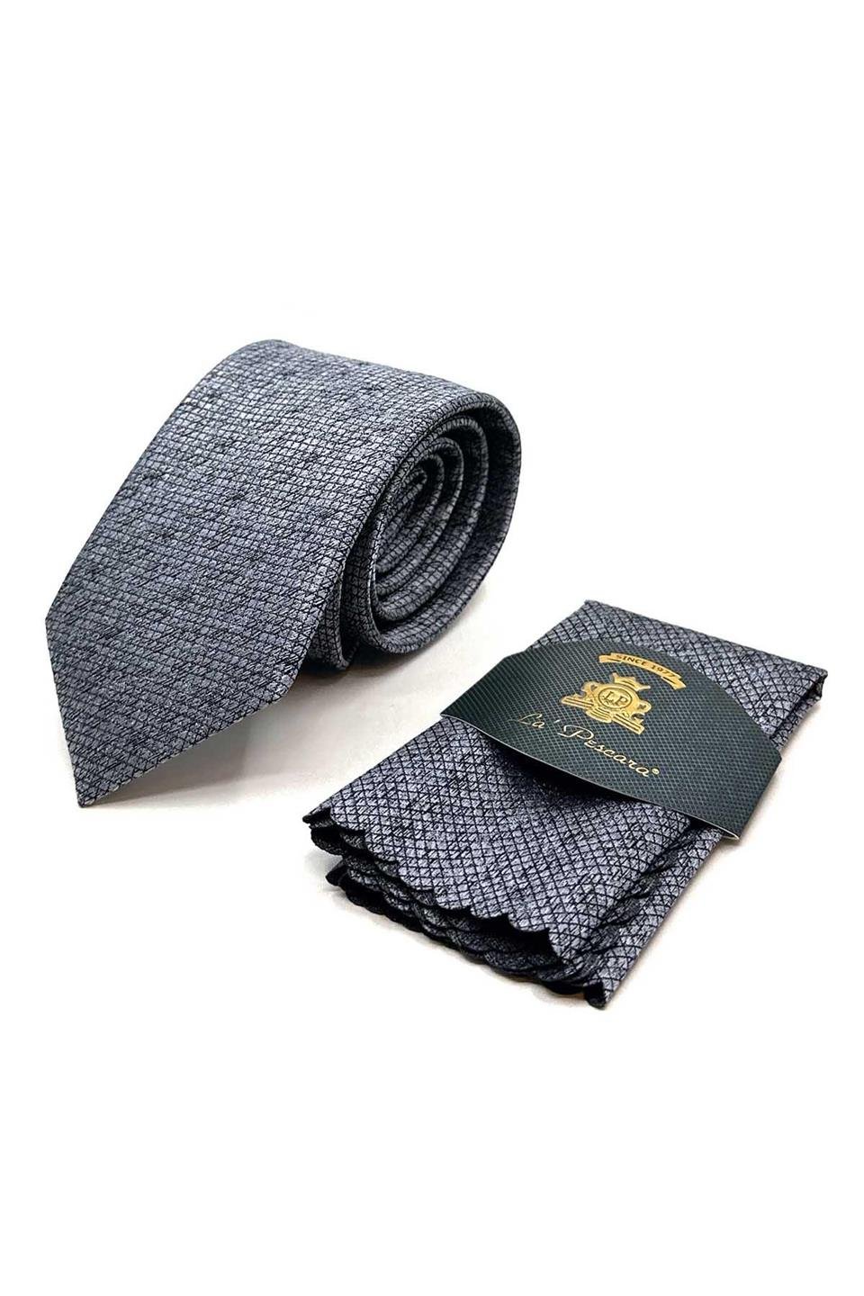 Gri Kare Desen Mendilli Klasik Kravat KK13066