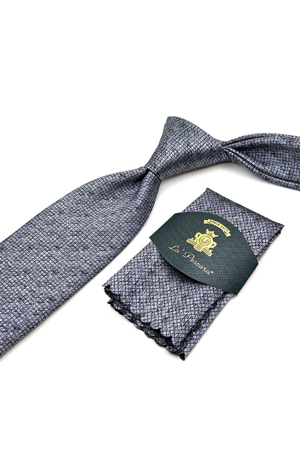 Gri Kare Desen Mendilli Klasik Kravat KK13066