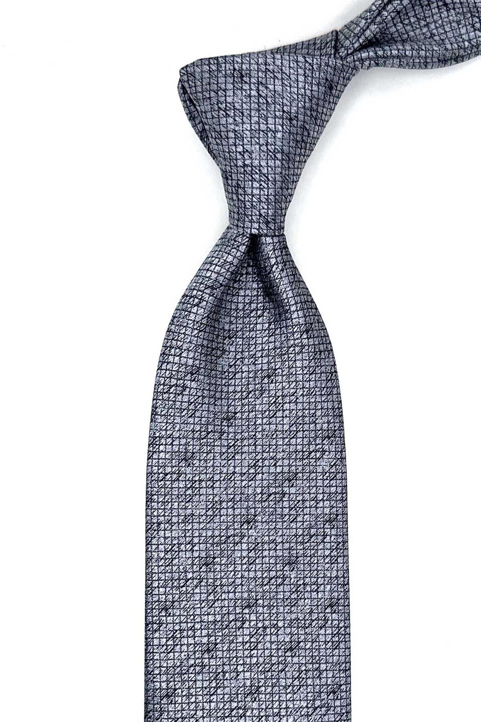 Gri Kare Desen Mendilli Klasik Kravat KK13066