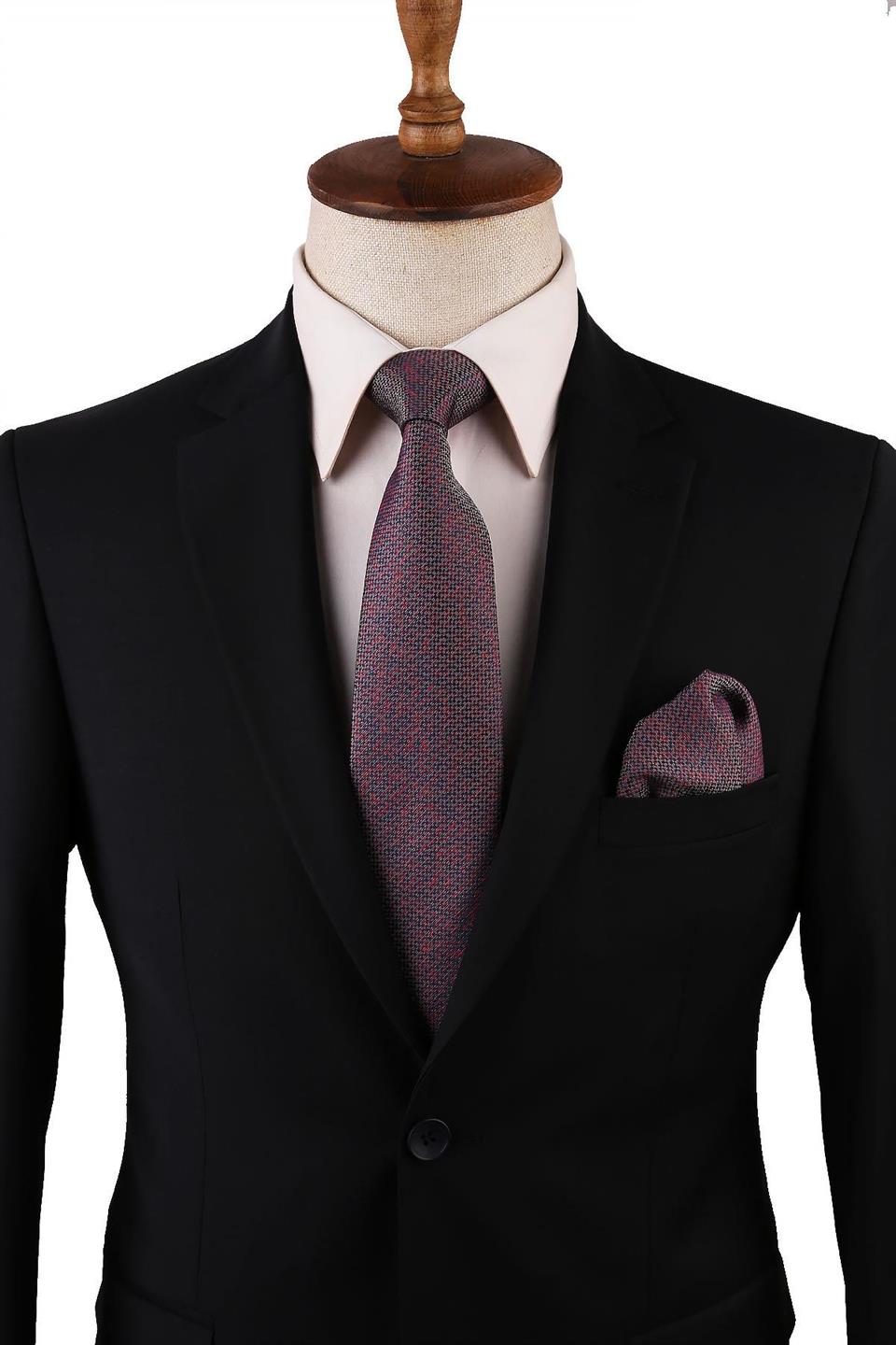 Gri - Kırmızı Nokta Desen Mendilli Klasik Kravat KK10727