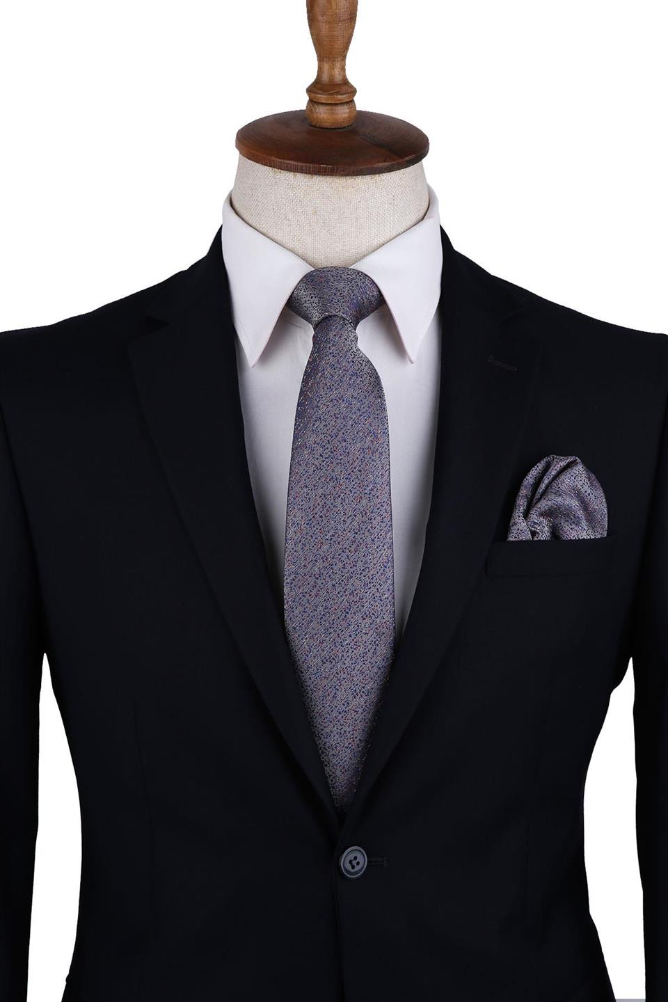 Gri Kum Desen Mendilli Klasik Kravat KK10392