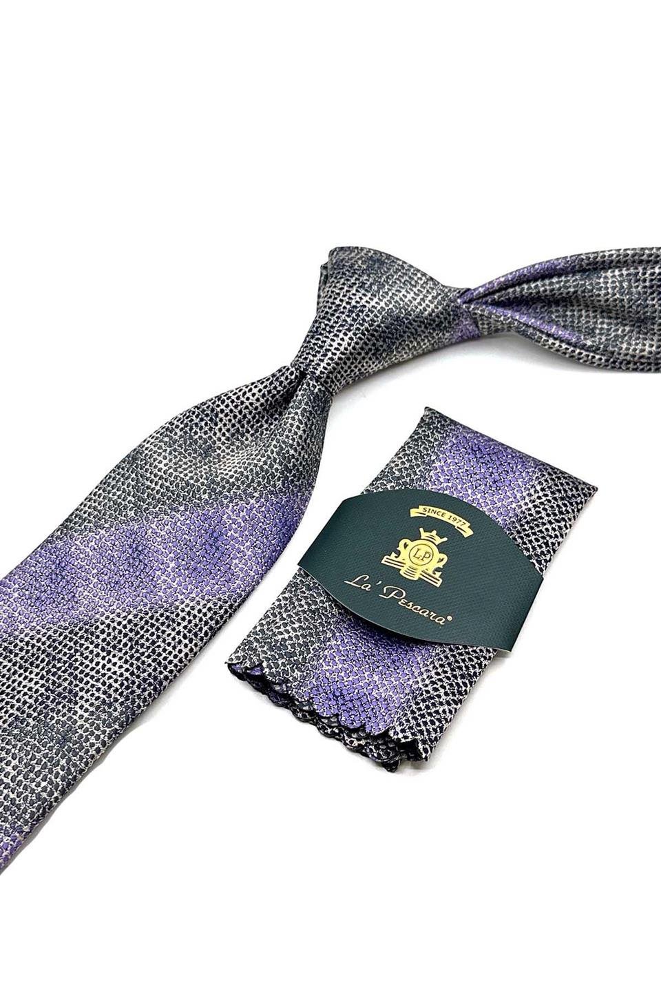 Gri - Lila Çizgi Desen Mendilli Klasik Kravat KK13069