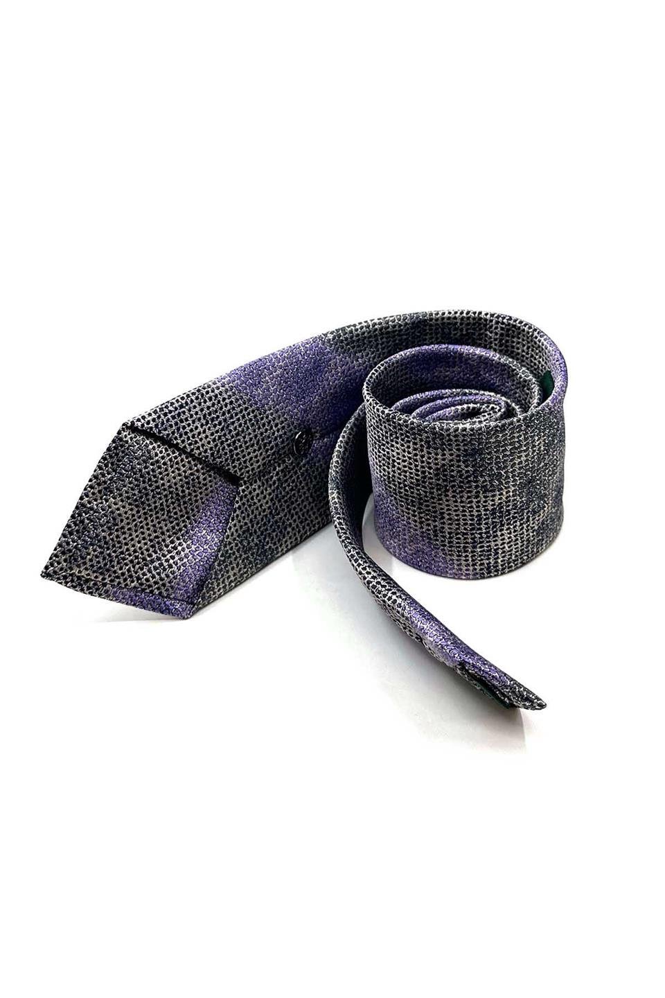 Gri - Lila Çizgi Desen Mendilli Klasik Kravat KK13069
