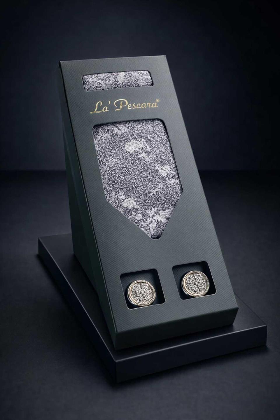 Gri - Lila Mendilli Klasik Kravat Kol Düğmesi Erkek Hediye Seti OS605