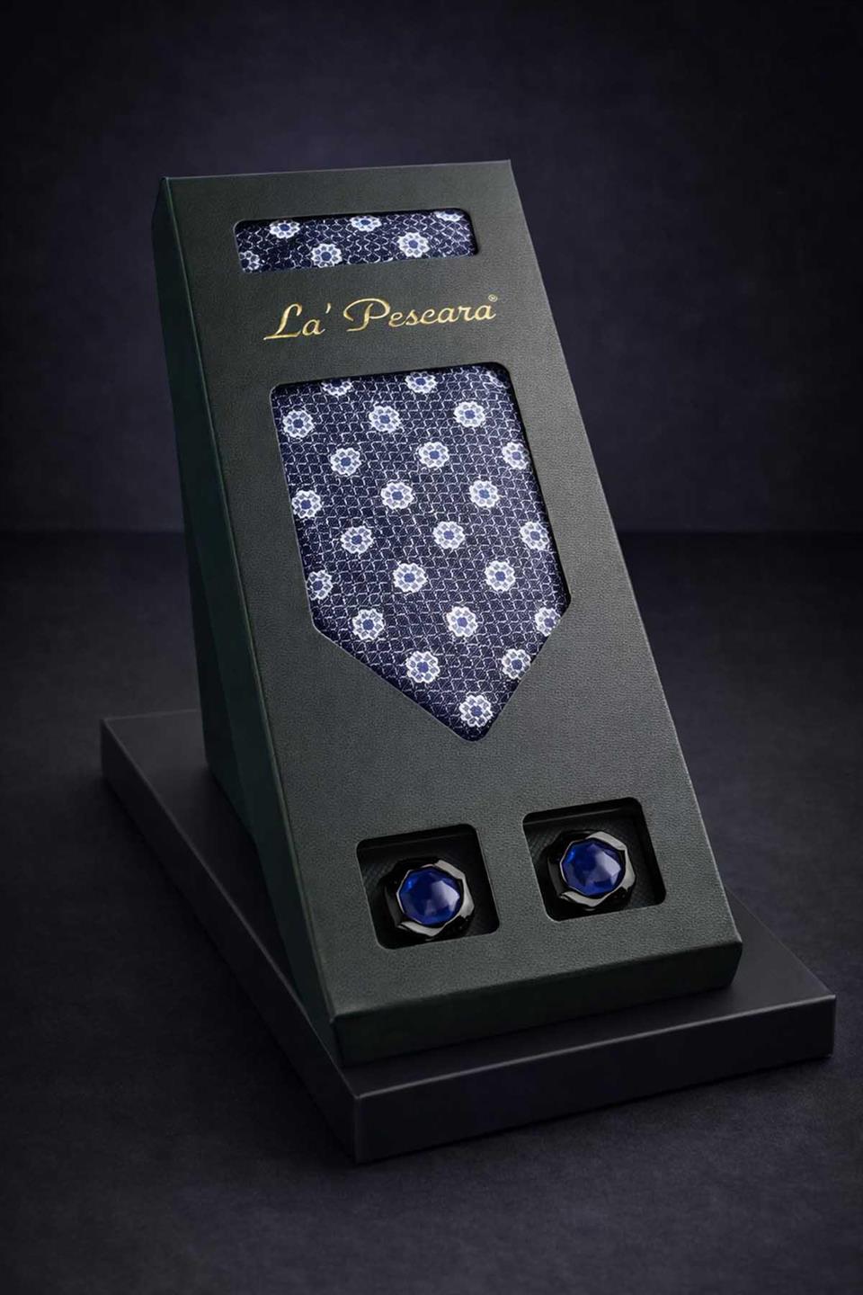 Gri - Mavi Mendilli Klasik Kravat Kol Düğmesi Erkek Hediye Seti OS623