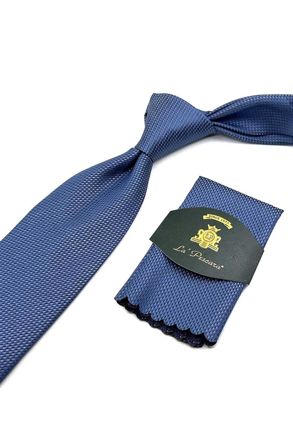Gri - Mavi Nokta Desen Mendilli Klasik Kravat KK12540
