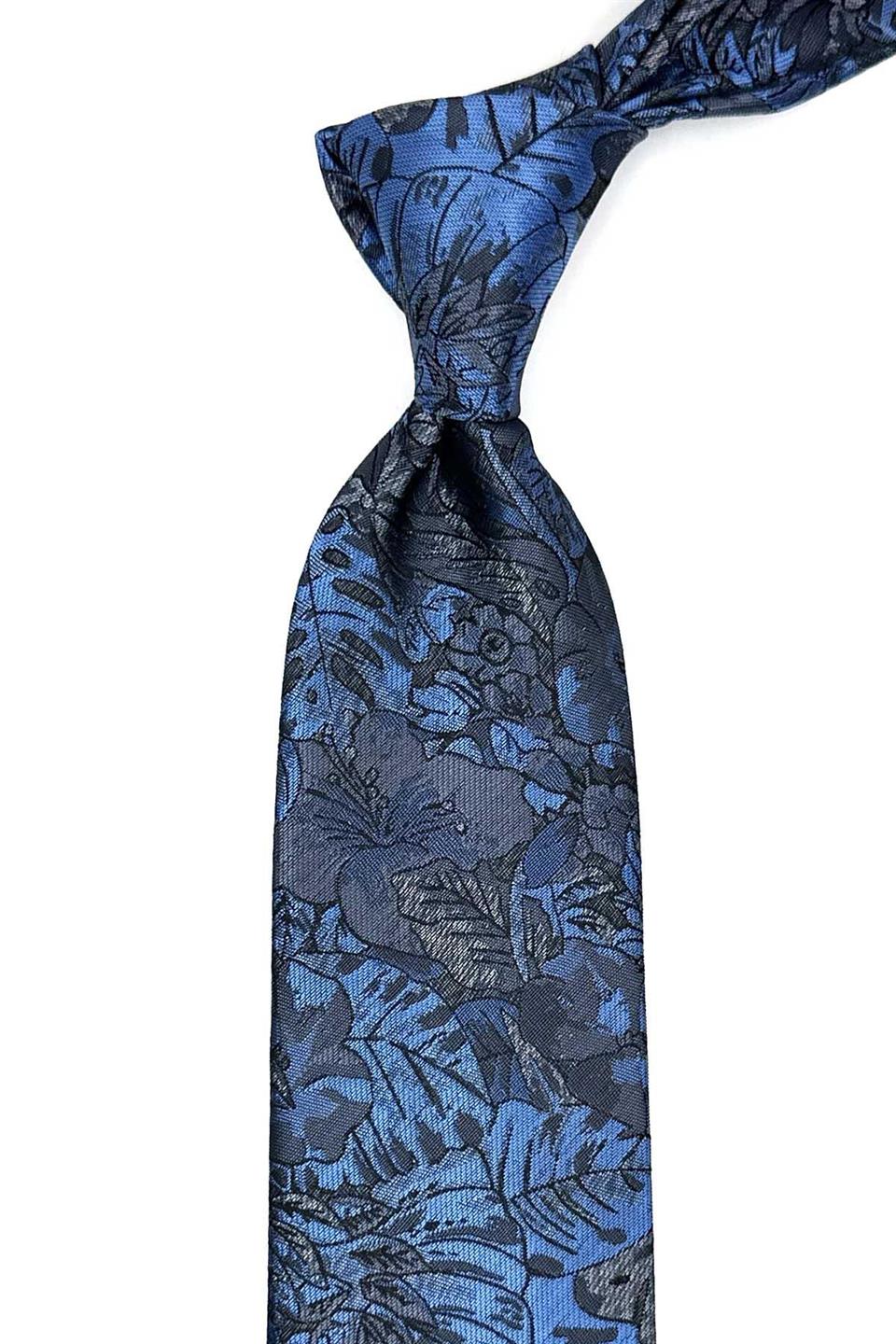 Gri - Mavi Yaprak Desen Mendilli Klasik Kravat KK13042