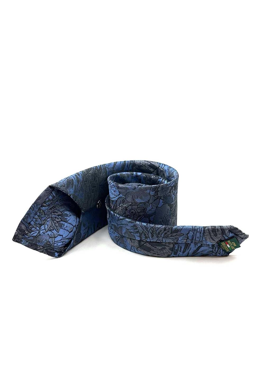 Gri - Mavi Yaprak Desen Mendilli Klasik Kravat KK13042