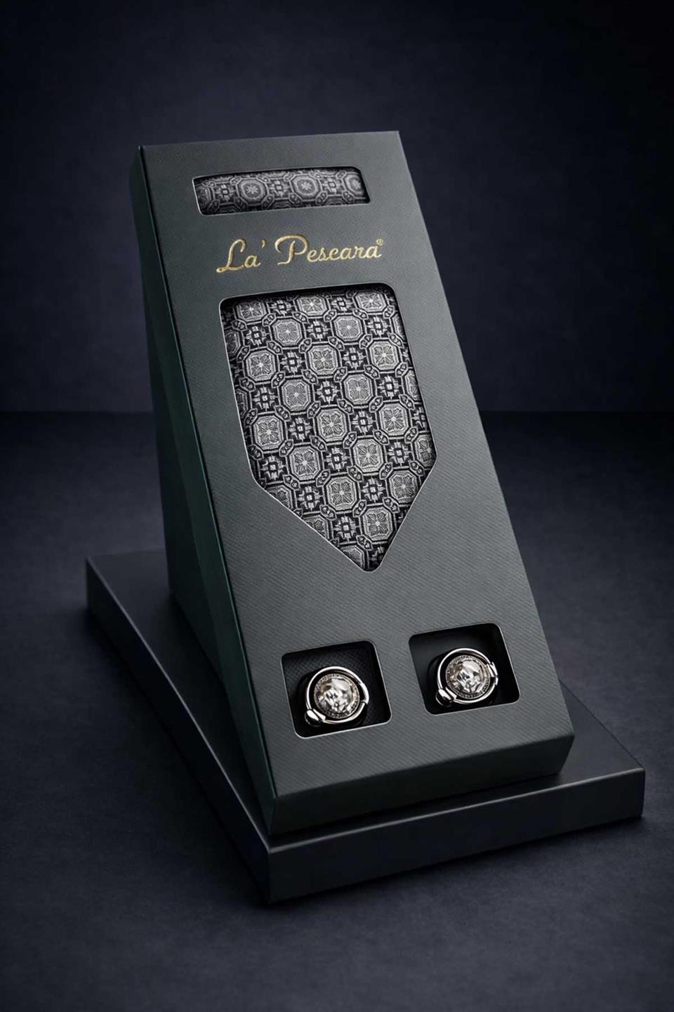 Gri Mendilli Klasik Kravat Kol Düğmesi Erkek Hediye Seti OS614