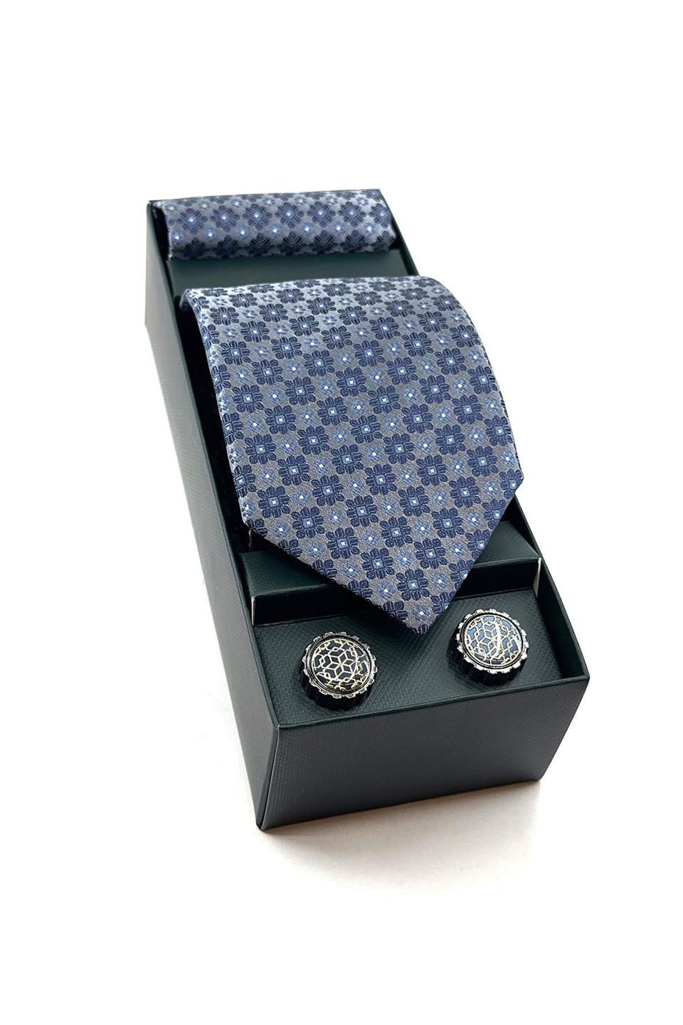 Gri Mendilli Kravat Altın Kol Düğmesi Hediye Seti OS557