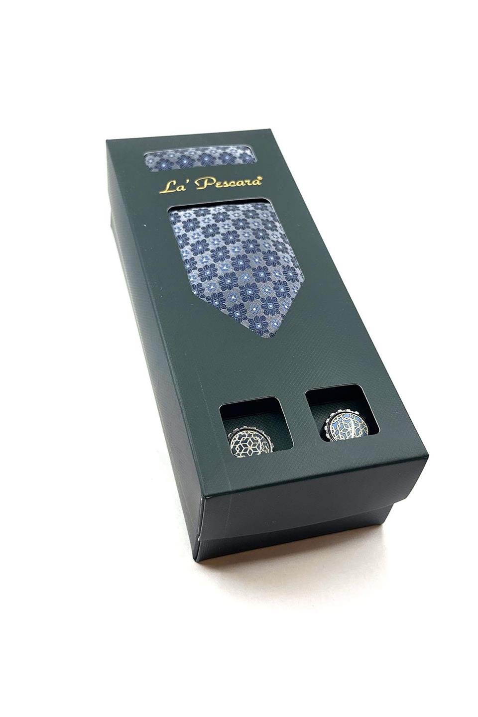 Gri Mendilli Kravat Altın Kol Düğmesi Hediye Seti OS557