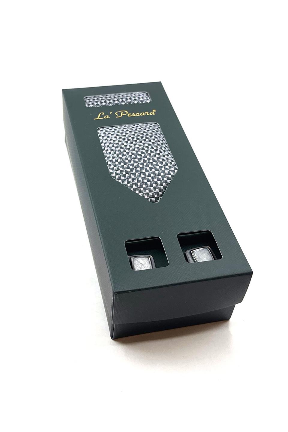 Gri Mendilli Kravat Gri Kol Düğmesi Hediye Seti OS529