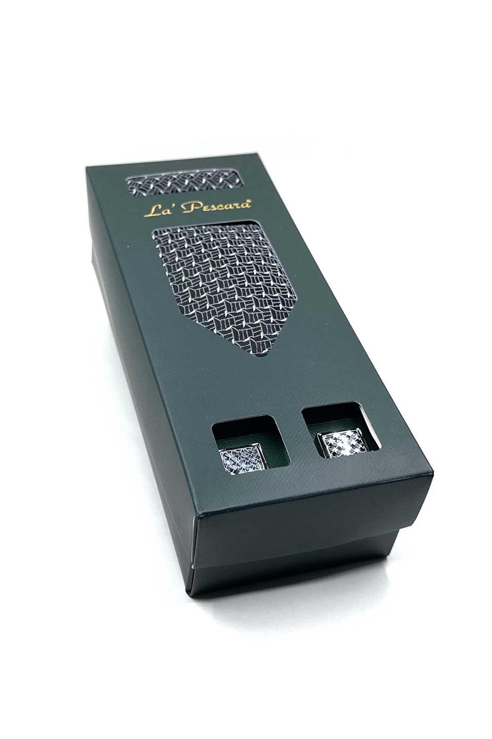 Gri Mendilli Kravat Gri Kol Düğmesi Hediye Seti OS588