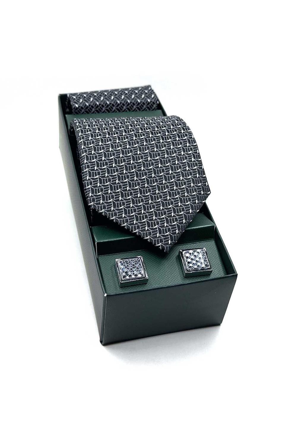 Gri Mendilli Kravat Gri Kol Düğmesi Hediye Seti OS588