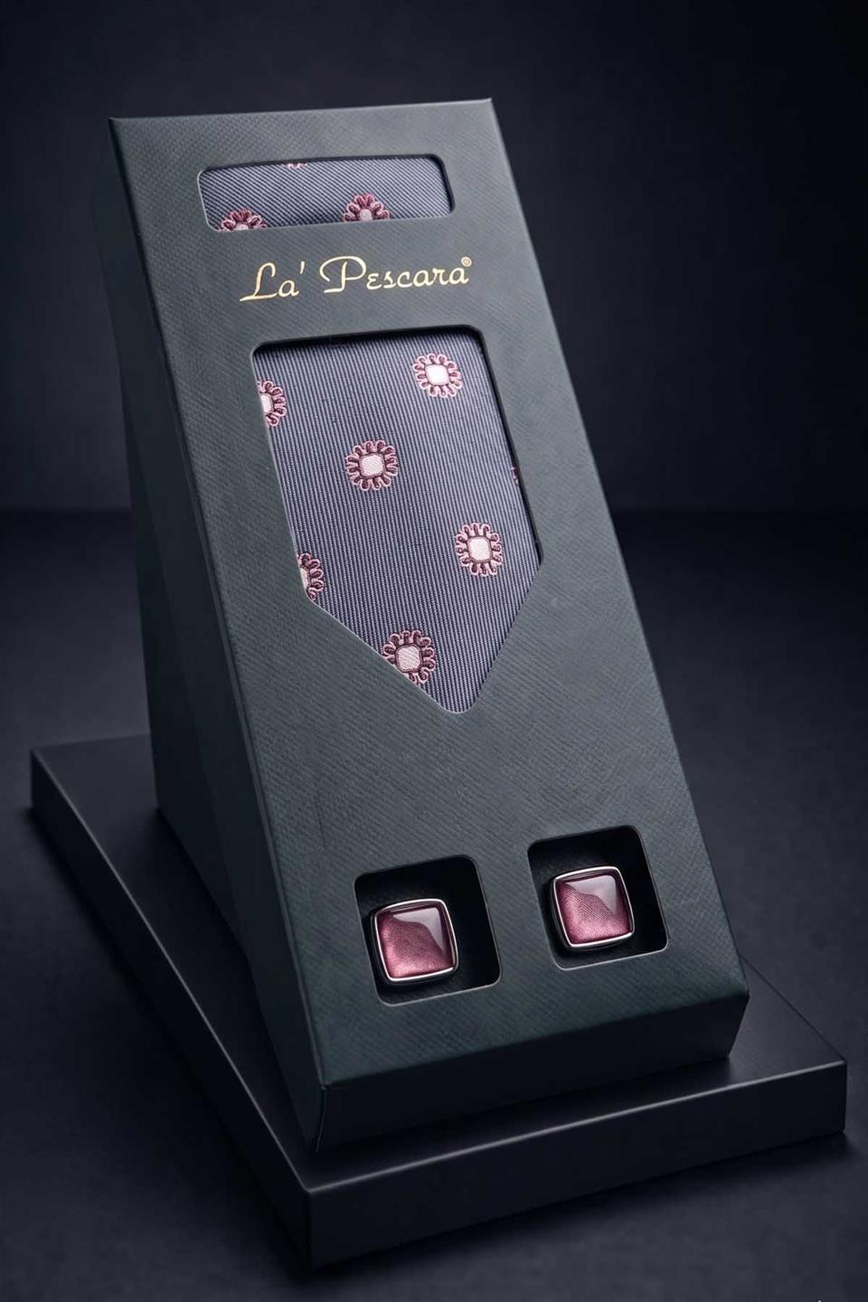 Gri Mendilli Kravat Kahve Kol Düğmesi Hediye Seti OS565