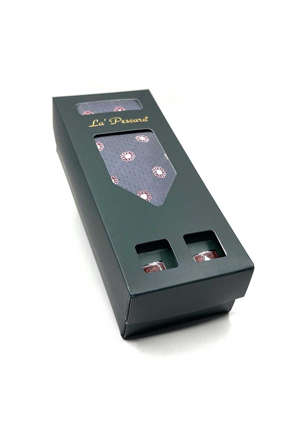 Gri Mendilli Kravat Kahve Kol Düğmesi Hediye Seti OS565