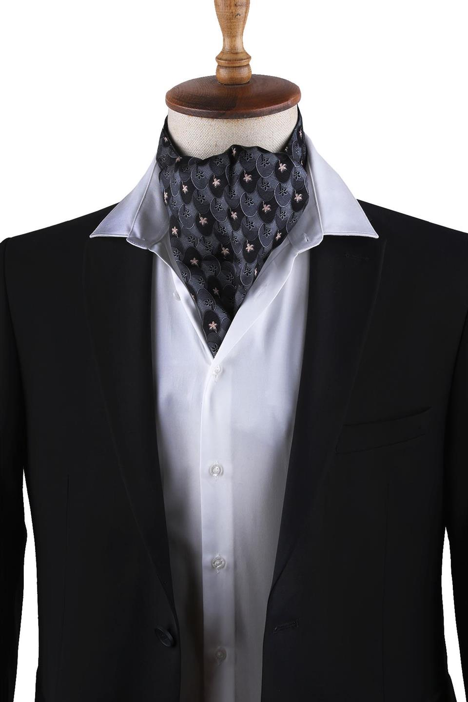 Gri Motif Desen İpek İtalyan Erkek Ascot K434