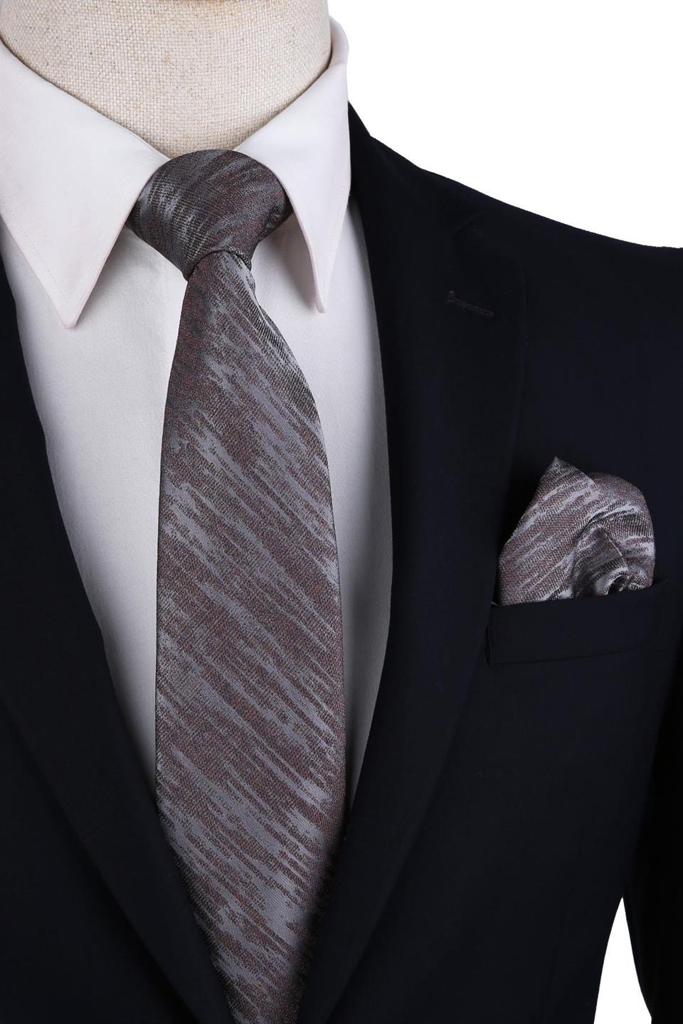 Gri Motif Desen Mendilli Klasik Kravat KK10527